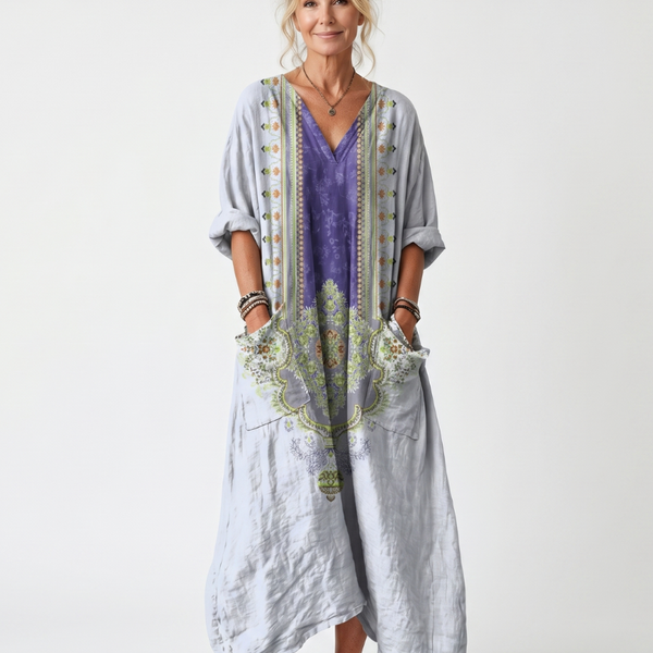 Raina | Vestito Midi Oversize con Pannello a Contrasto e Ricami