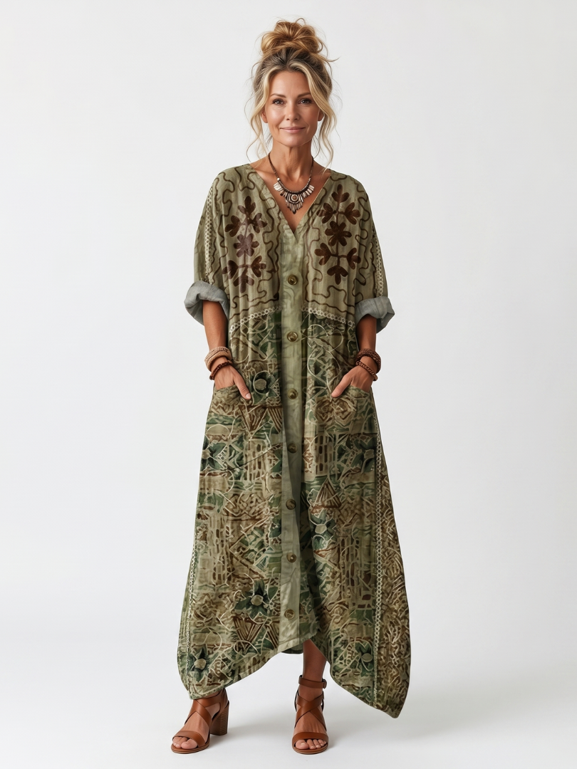 Aleta | Abito Midi Oversized con Bottoni e Ricami