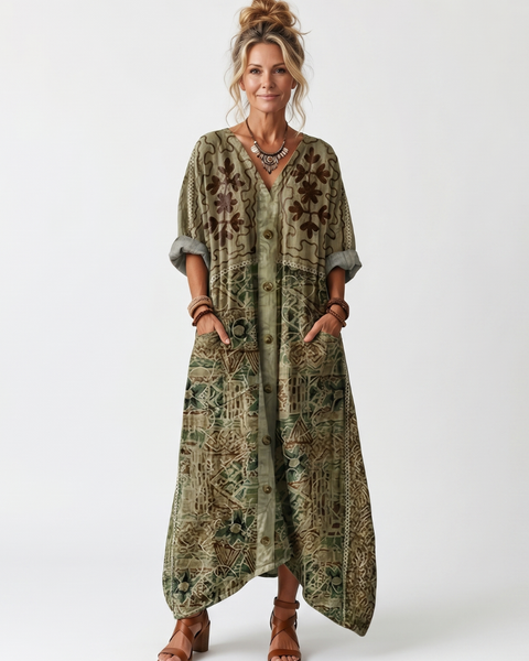 Aleta | Abito Midi Oversized con Bottoni e Ricami