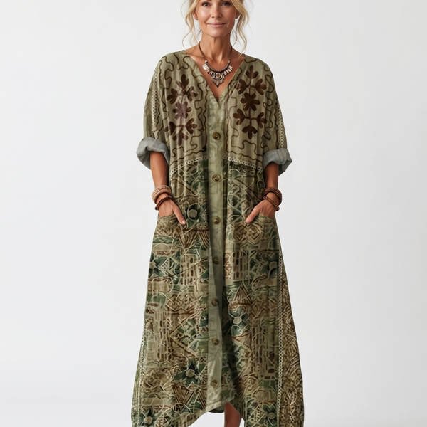 Aleta | Abito Midi Oversized con Bottoni e Ricami
