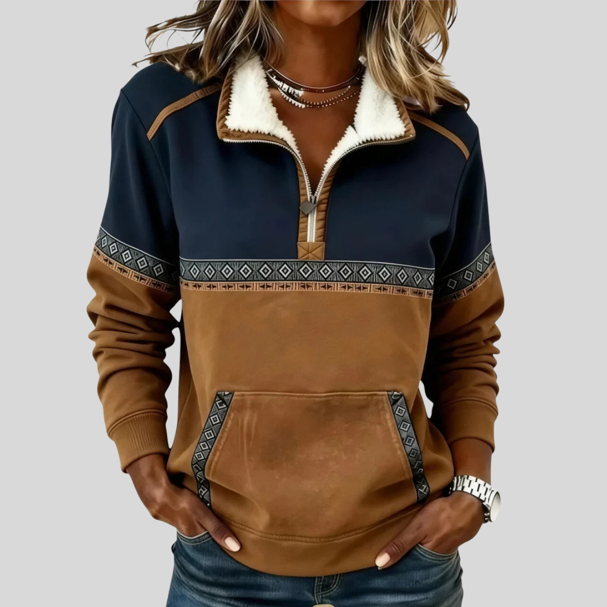 Pullover bicolore da donna Lucie con mezza zip