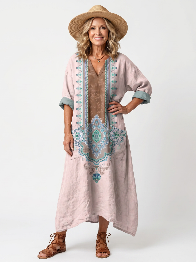 Kenza | Vestito Midi Relaxed con Pannello Ricamato e Tasche