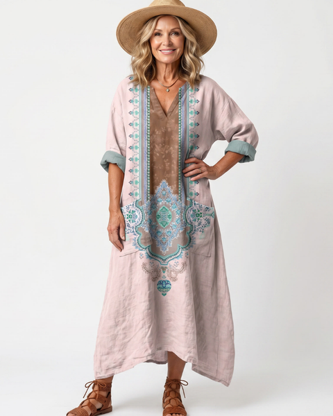 Kenza | Vestito Midi Relaxed con Pannello Ricamato e Tasche