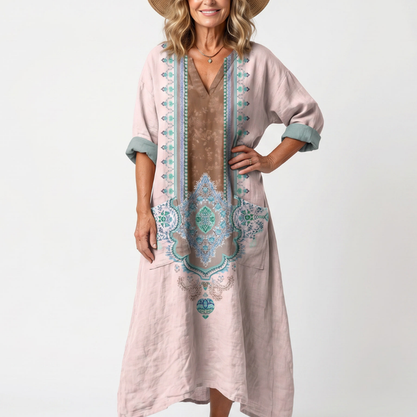 Kenza | Vestito Midi Relaxed con Pannello Ricamato e Tasche