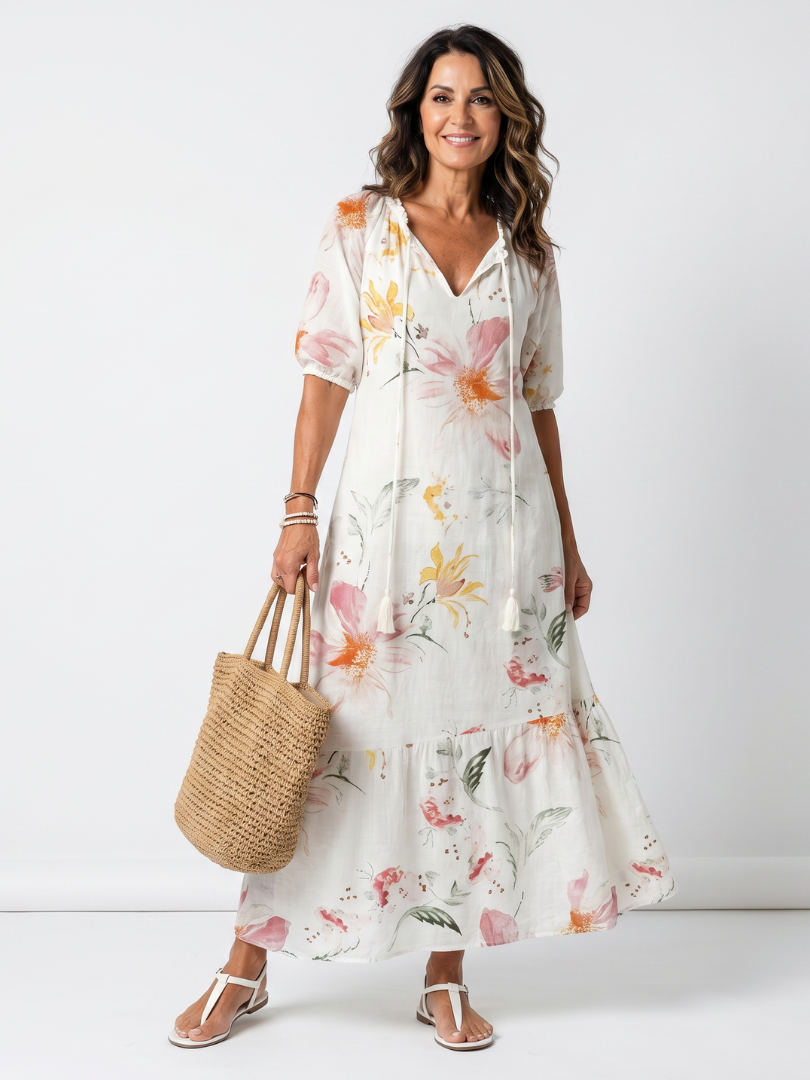 Noa | Abito Midi a Balze con Stampa Floreale e Frange