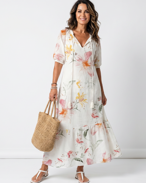 Noa | Abito Midi a Balze con Stampa Floreale e Frange