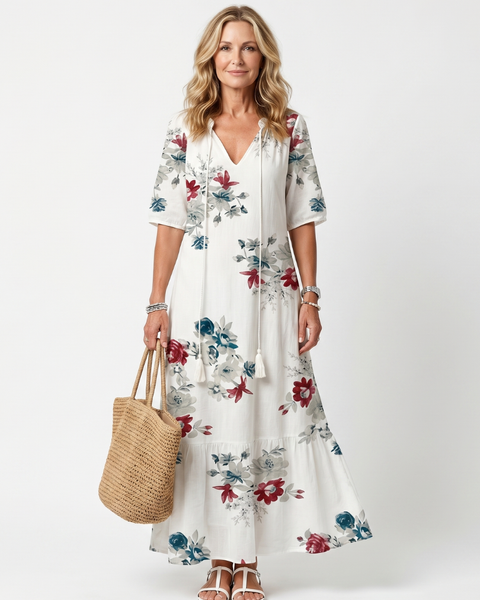 Maeva | Abito midi con frange e stampa floreale dispersa