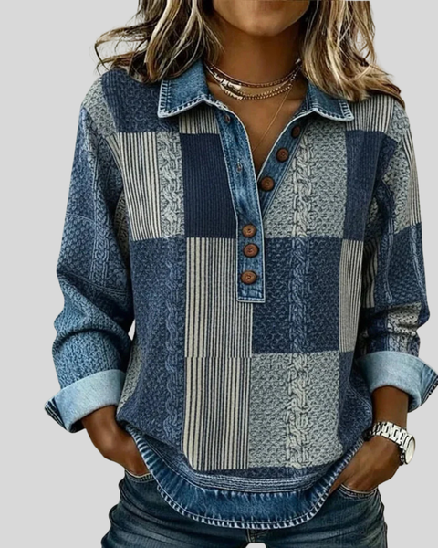 Maglione da donna Sylvie in stile patchwork effetto denim