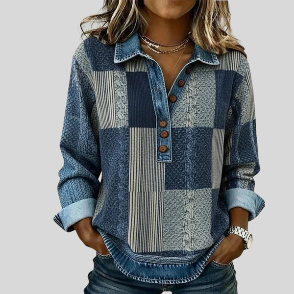 Maglione da donna Sylvie in stile patchwork effetto denim