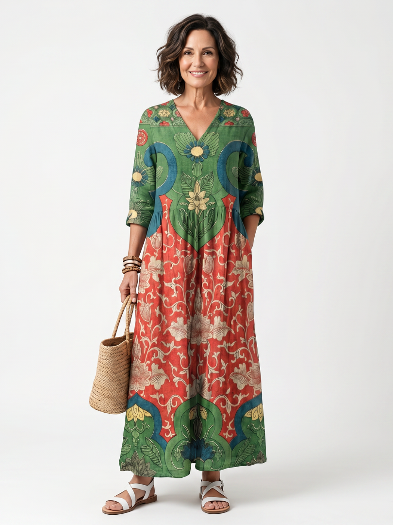Sloane | Abito midi con stampa mista e scollatura a V