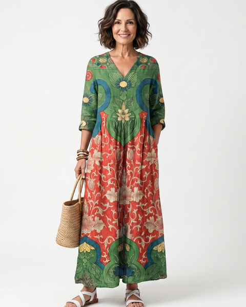 Sloane | Abito midi con stampa mista e scollatura a V
