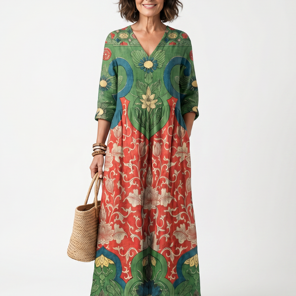 Sloane | Abito midi con stampa mista e scollatura a V