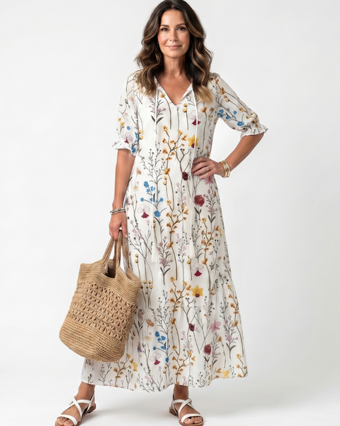 Sylvie | Abito Midi con Stampa Botanica e Fiocchi