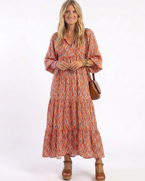 Amara | Abito midi a balze con stampa geometrica