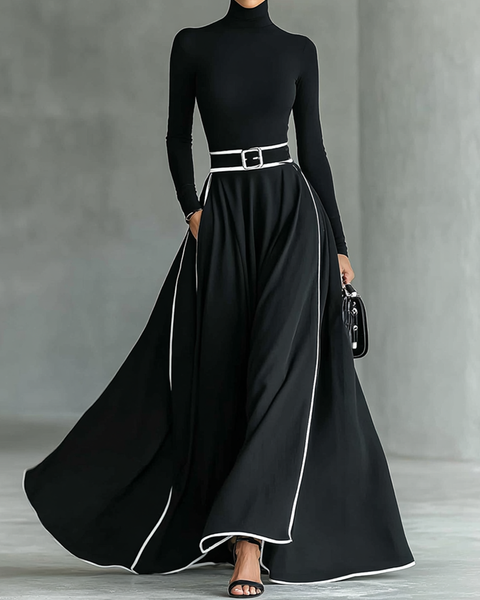 Gina – Abito Maxi Donna Nero con Cuciture Bianche e Collo Alto, Maniche Lunghe, Vita Sottile