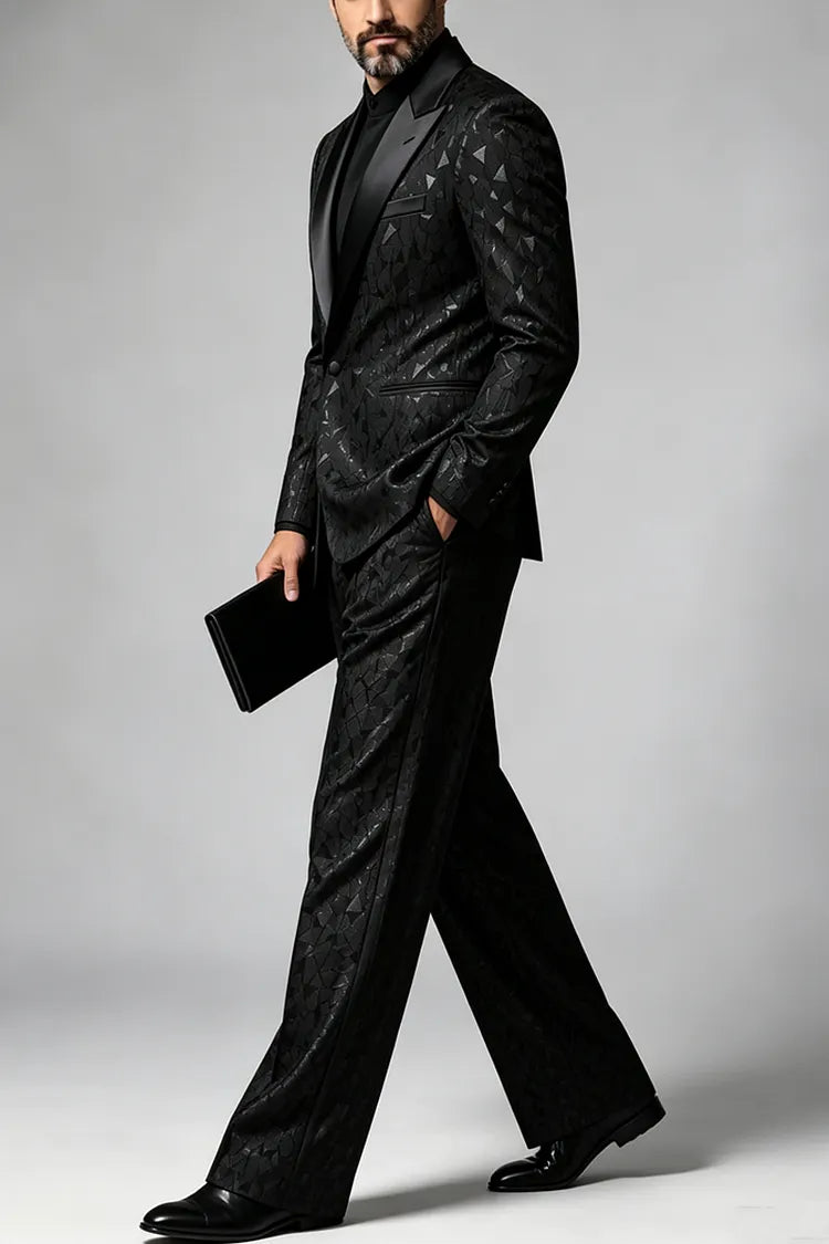 Abito uomo nero jacquard con revers in satin a due pezzi