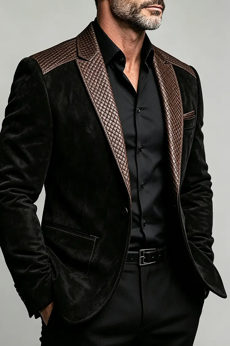Blazer uomo nero scamosciato con dettagli in pelle marrone