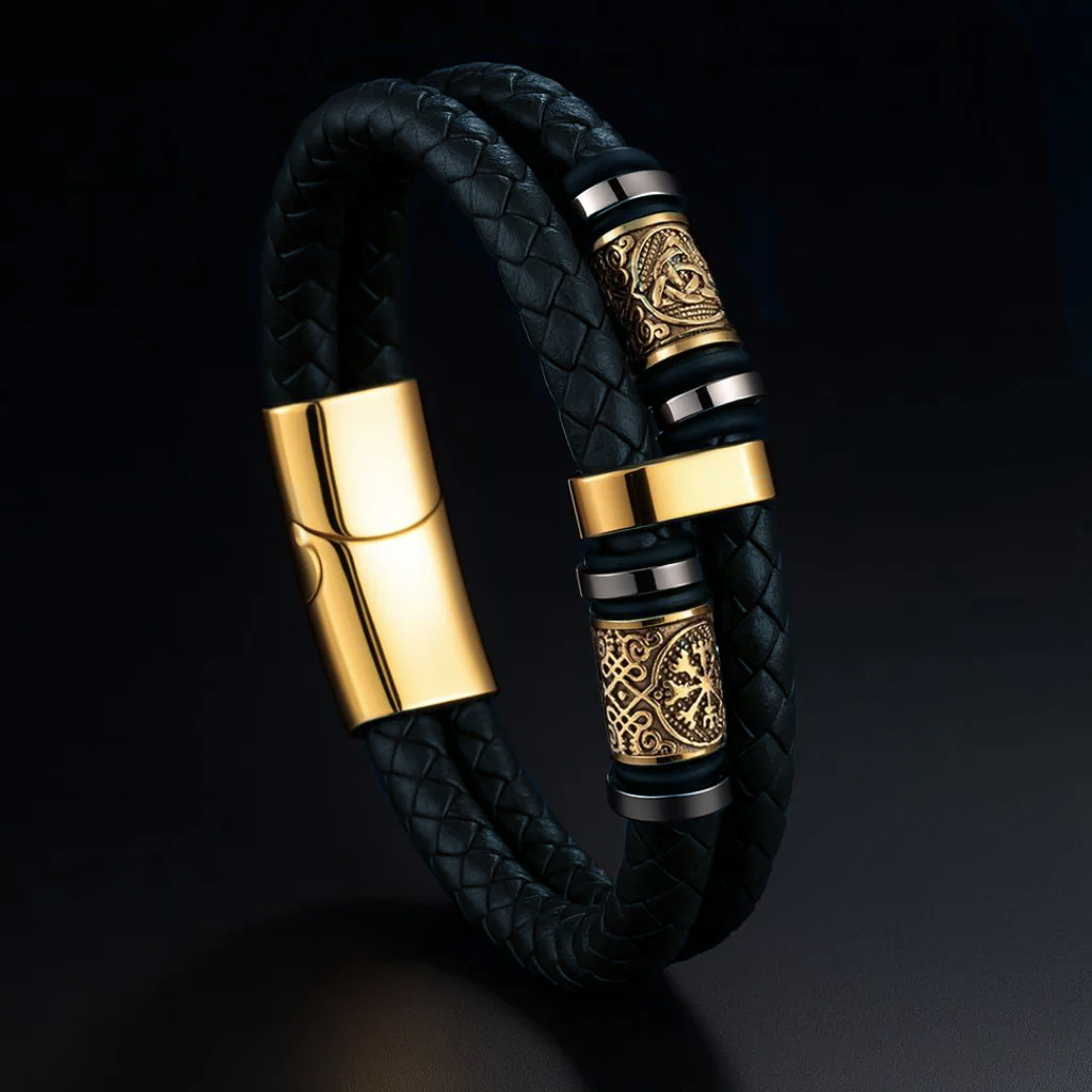 Custode delle Rune – Bracciale in pelle con dettagli dorati – immagine 9