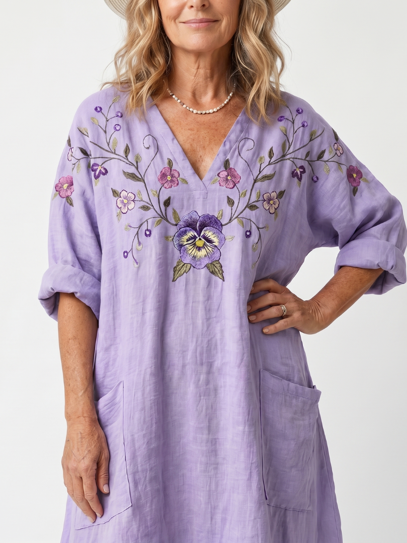 Tavi | Vestito midi oversized con ricami floreali e tasche