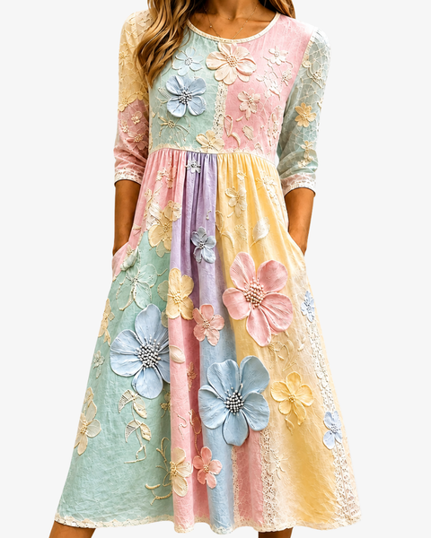 Pastel Bloom Garden Pocket Midi Dress