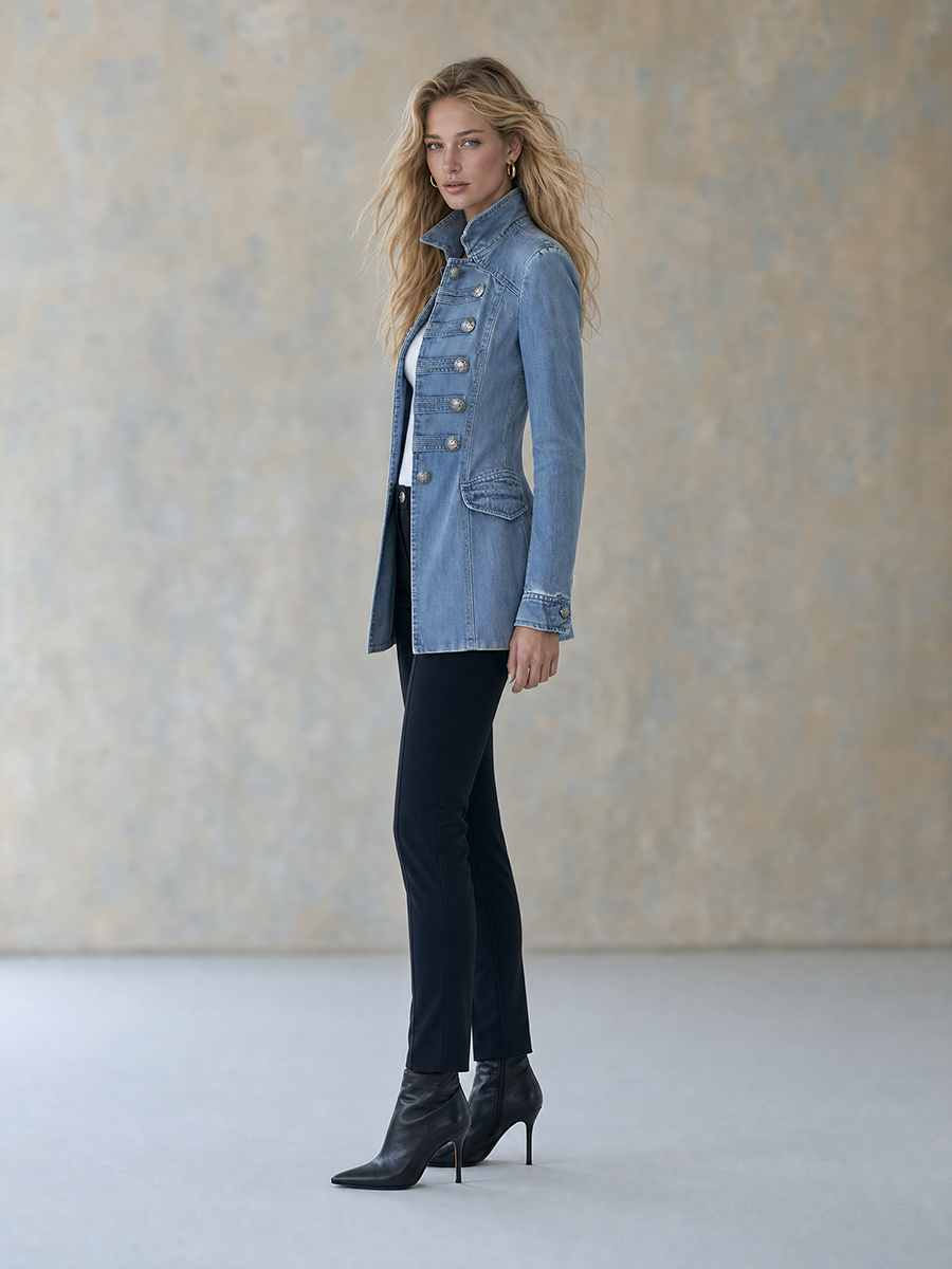 Cappotto in denim blu stile militare con doppio petto