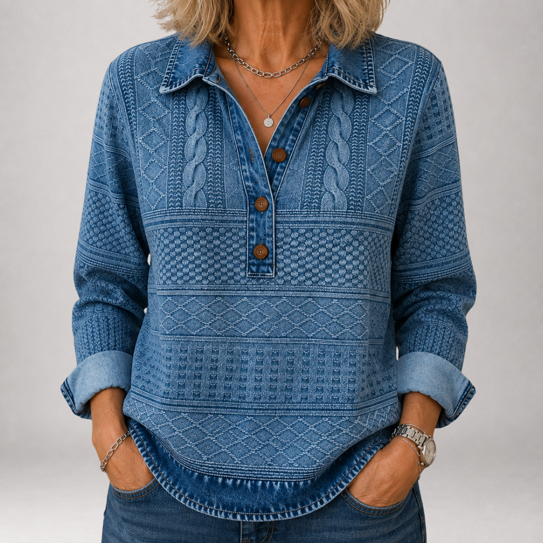 Jorunn | Maglione Polo in Denim Jacquard Lavato