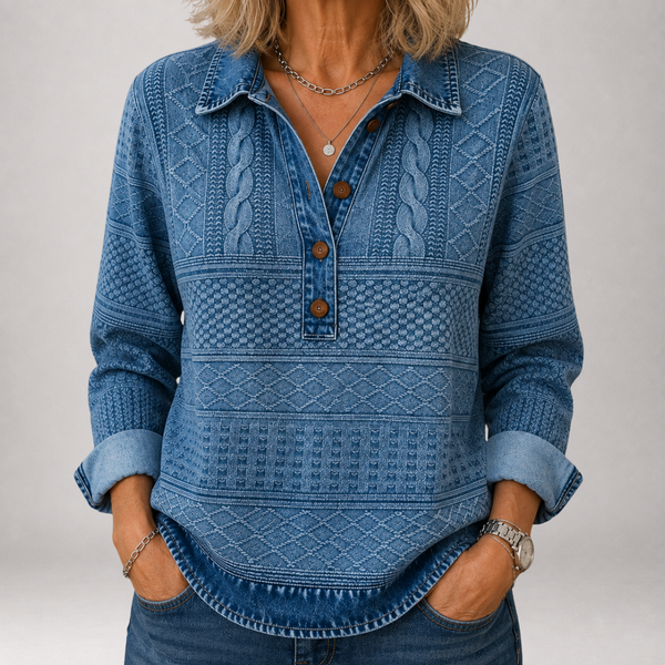 Jorunn | Maglione Polo in Denim Jacquard Lavato