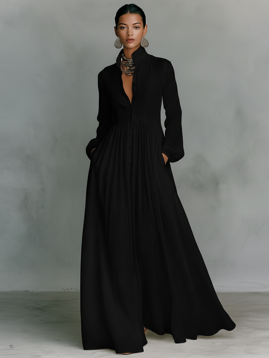 Genevieve | Abito Maxi con Collo Alto e Bottoni