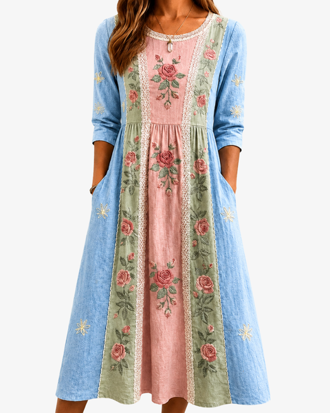 Vintage Rose Garden Patchwork Pocket Dress