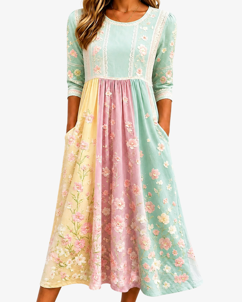 Spring Blossom Patchwork Pocket Midi Dress