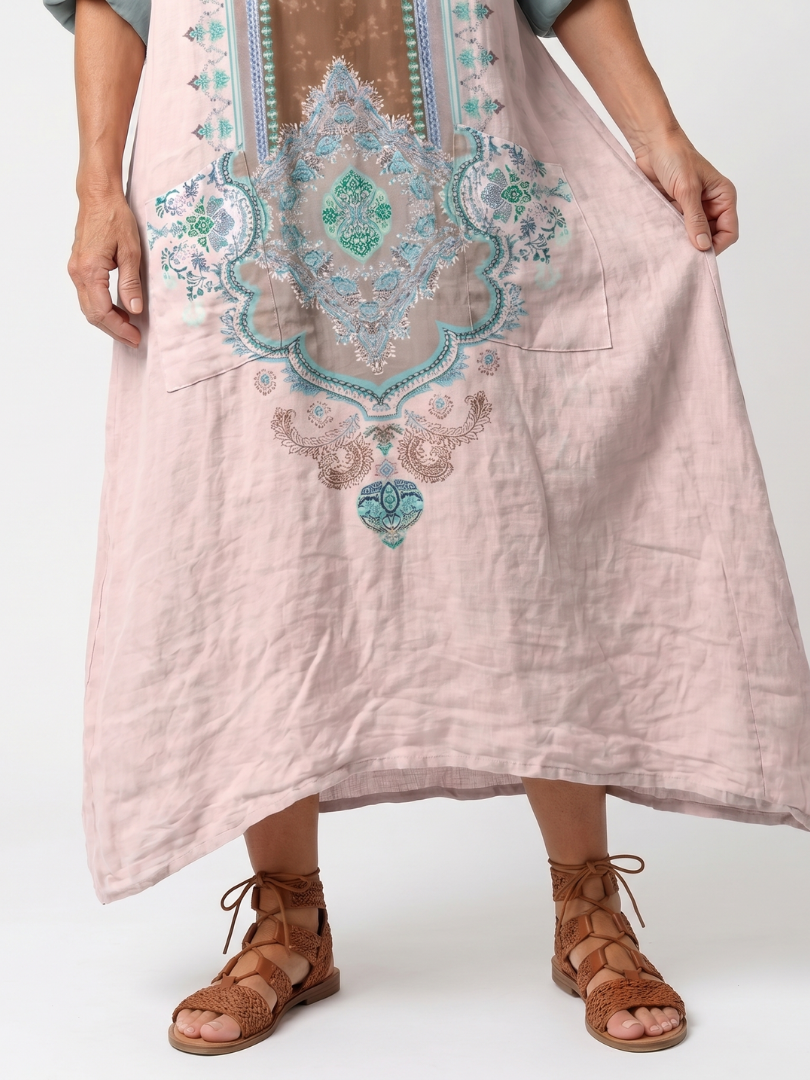 Kenza | Vestito Midi Relaxed con Pannello Ricamato e Tasche