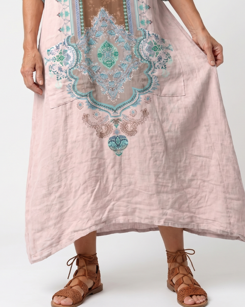 Kenza | Vestito Midi Relaxed con Pannello Ricamato e Tasche