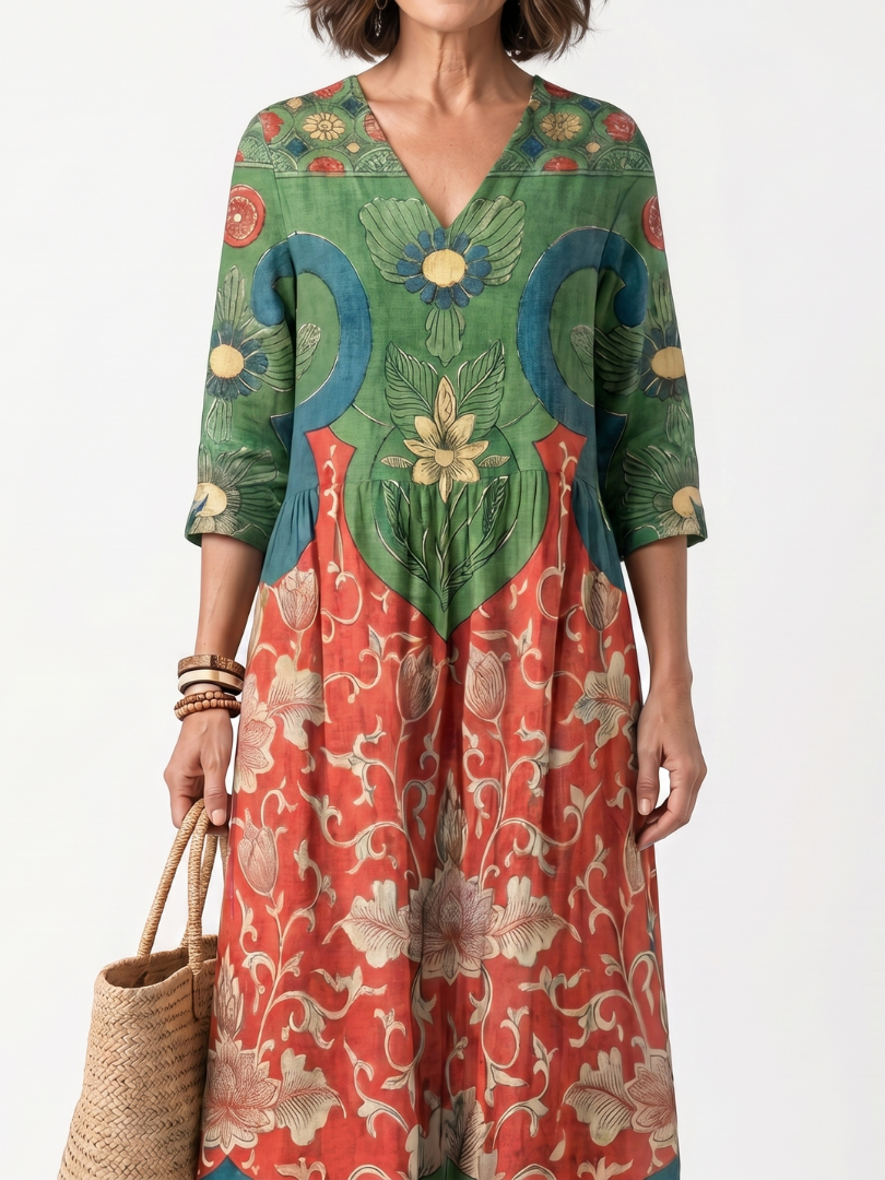 Sloane | Abito midi con stampa mista e scollatura a V