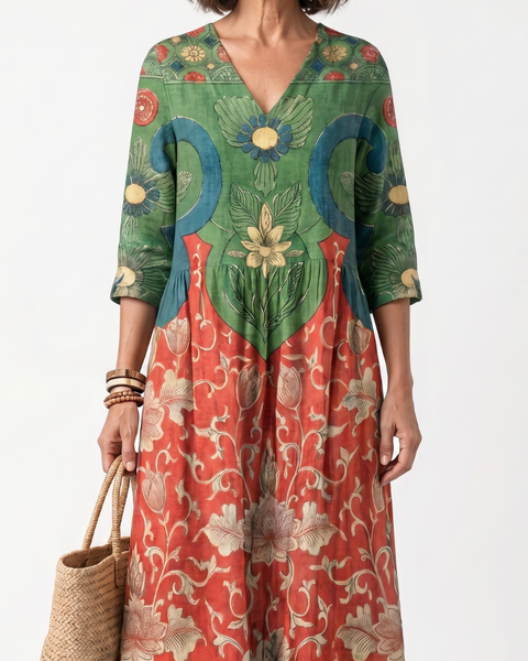 Sloane | Abito midi con stampa mista e scollatura a V