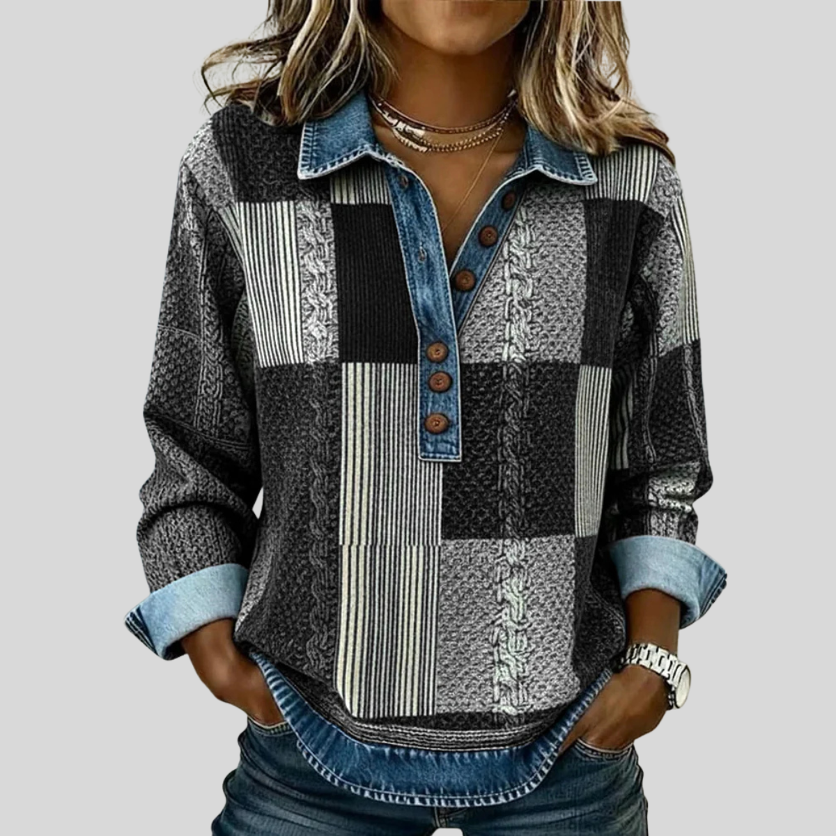Maglione da donna Sylvie in stile patchwork effetto denim