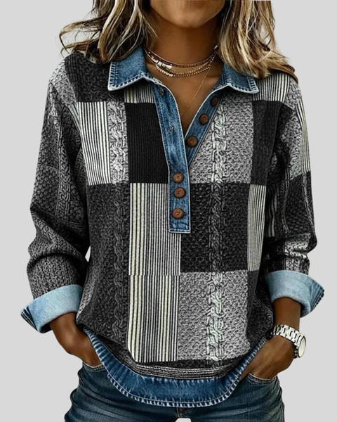 Maglione da donna Sylvie in stile patchwork effetto denim