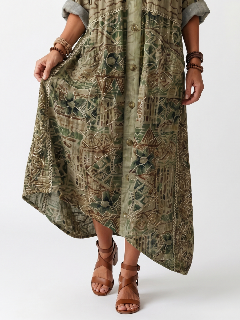 Aleta | Abito Midi Oversized con Bottoni e Ricami