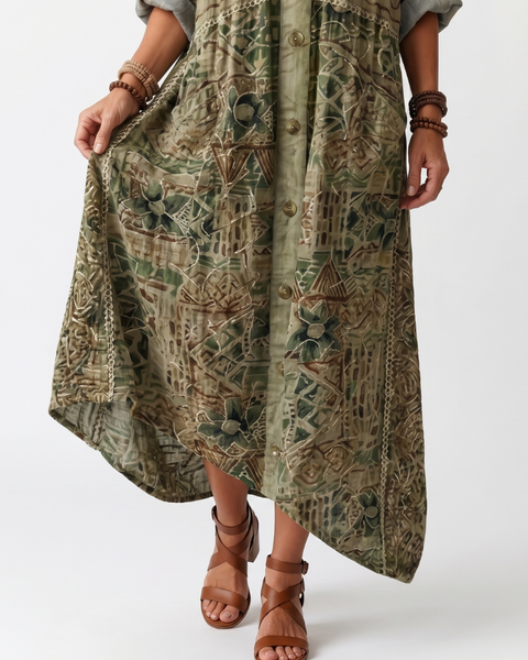 Aleta | Abito Midi Oversized con Bottoni e Ricami