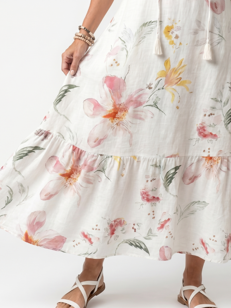 Noa | Abito Midi a Balze con Stampa Floreale e Frange