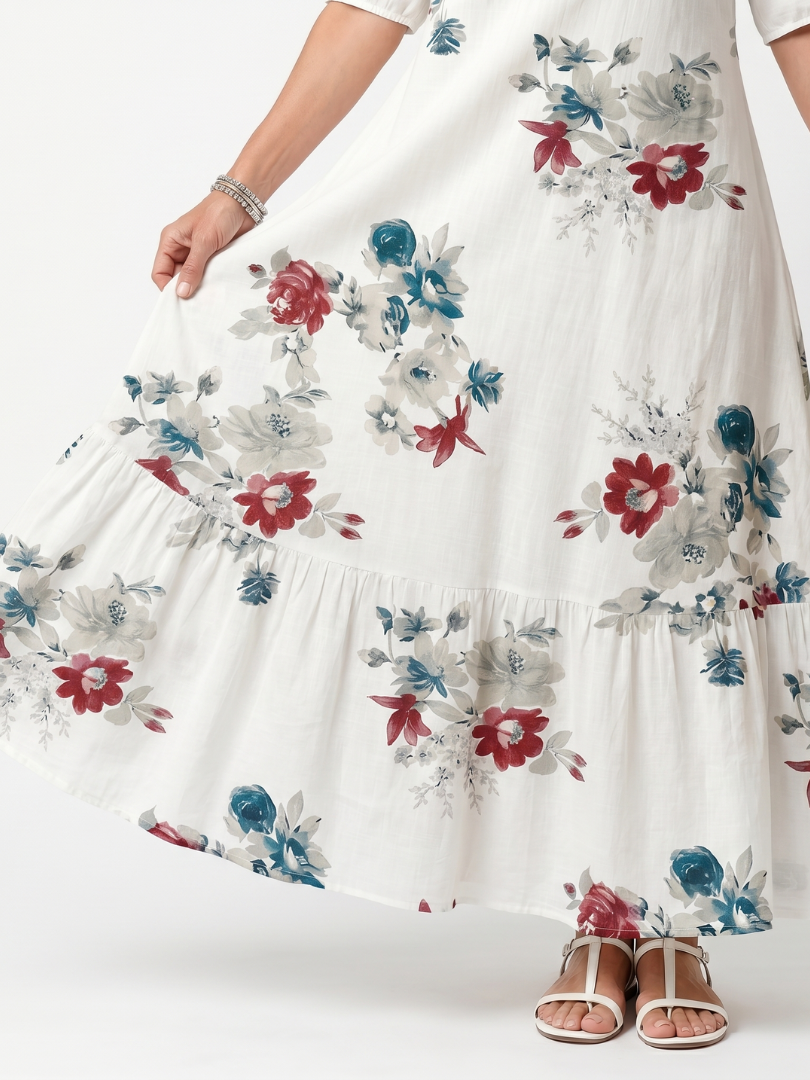 Maeva | Abito midi con frange e stampa floreale dispersa