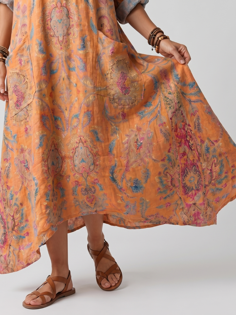 Remi | Abito Midi Oversize con Stampa e Tasche a Collo Notch