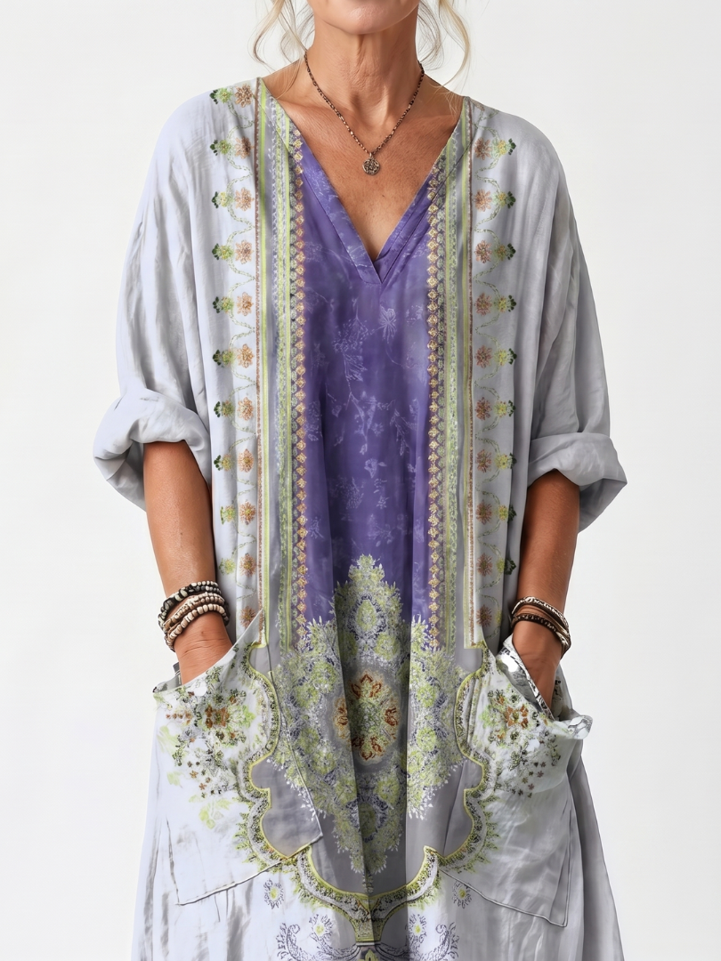 Raina | Vestito Midi Oversize con Pannello a Contrasto e Ricami