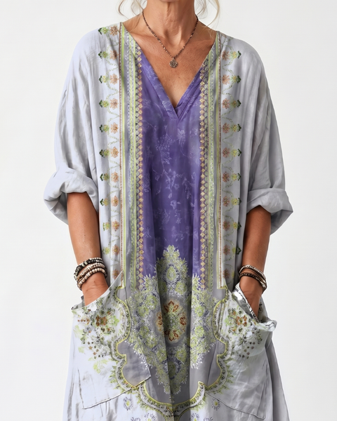 Raina | Vestito Midi Oversize con Pannello a Contrasto e Ricami