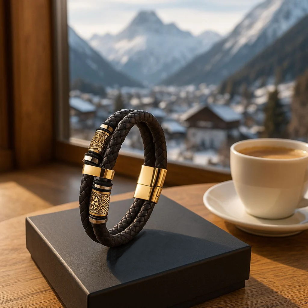 Custode delle Rune – Bracciale in pelle con dettagli dorati – immagine 7