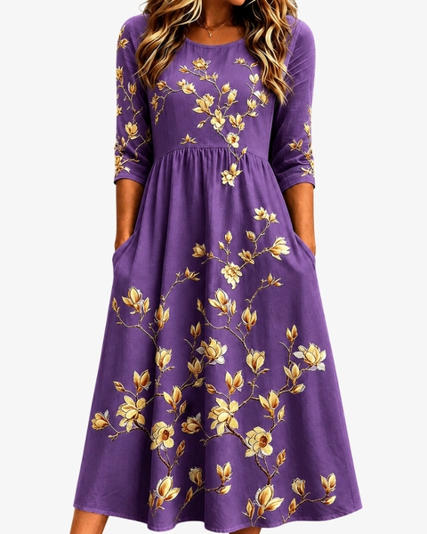 Golden Magnolia Charm Pocket Midi Dress