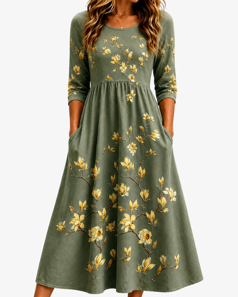 Sage Blossom Grace Pocket Midi Dress