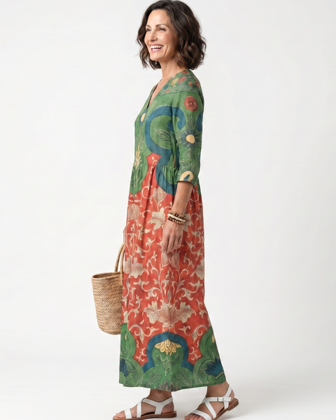 Sloane | Abito midi con stampa mista e scollatura a V
