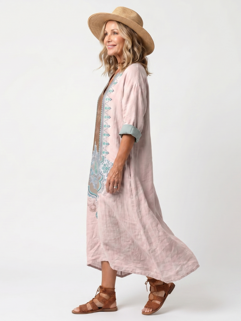 Kenza | Vestito Midi Relaxed con Pannello Ricamato e Tasche