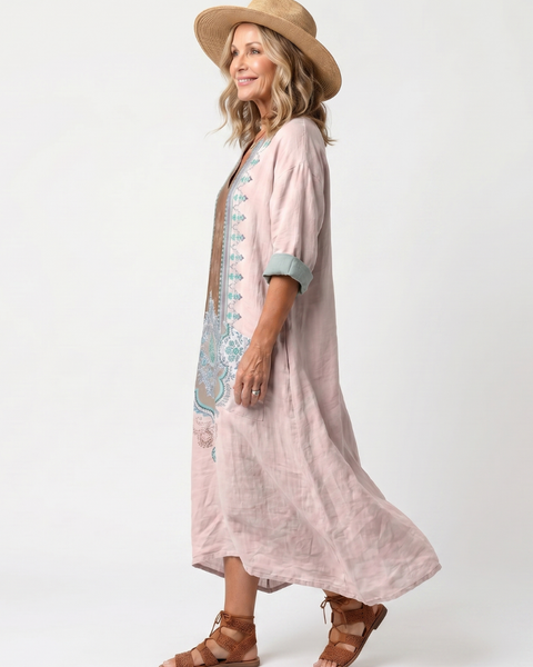 Kenza | Vestito Midi Relaxed con Pannello Ricamato e Tasche