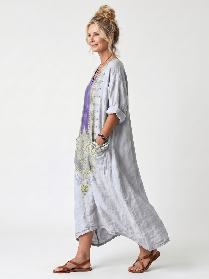 Raina | Vestito Midi Oversize con Pannello a Contrasto e Ricami